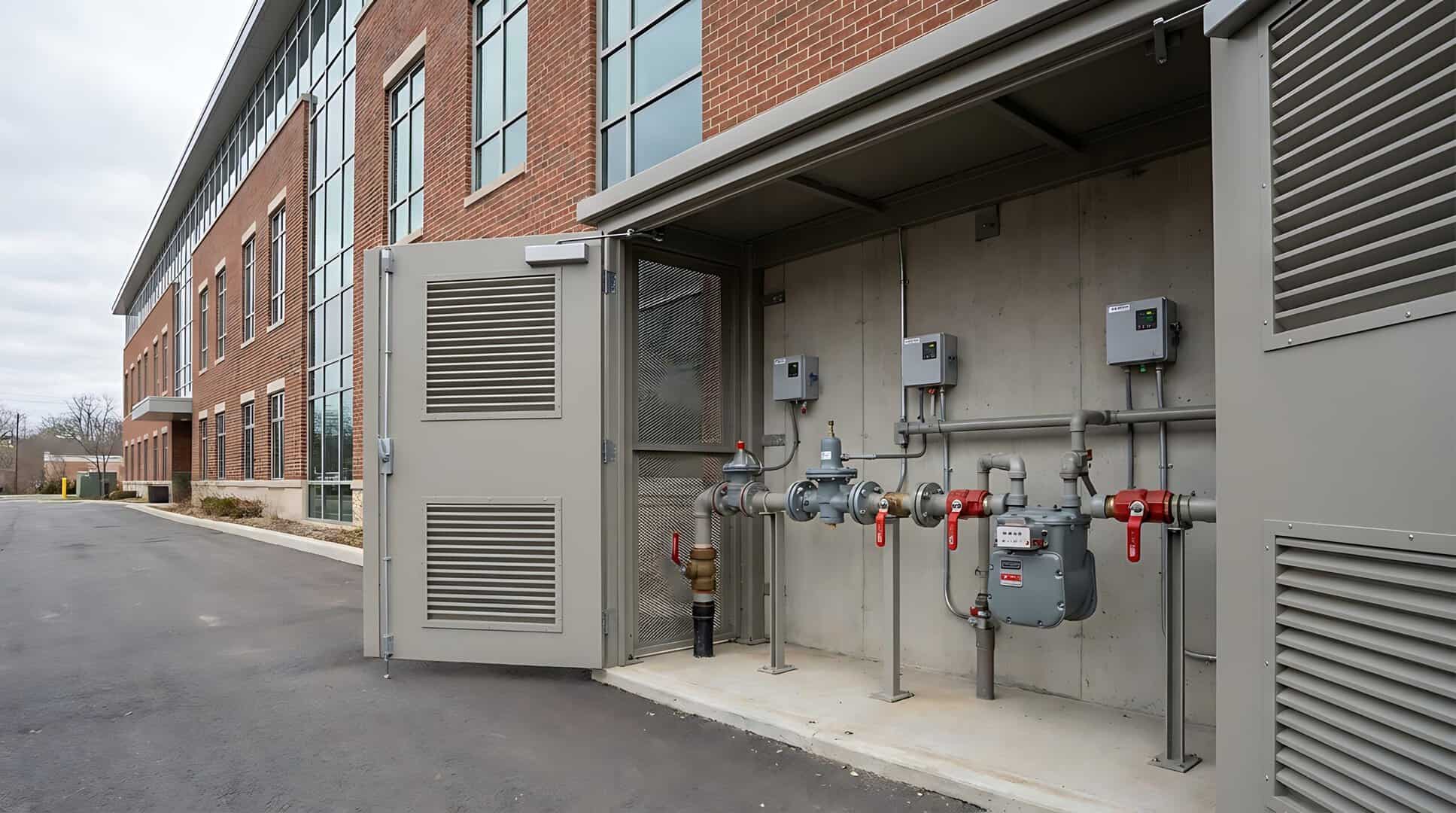 Commercial gas metering and external supply pipework at a business premises