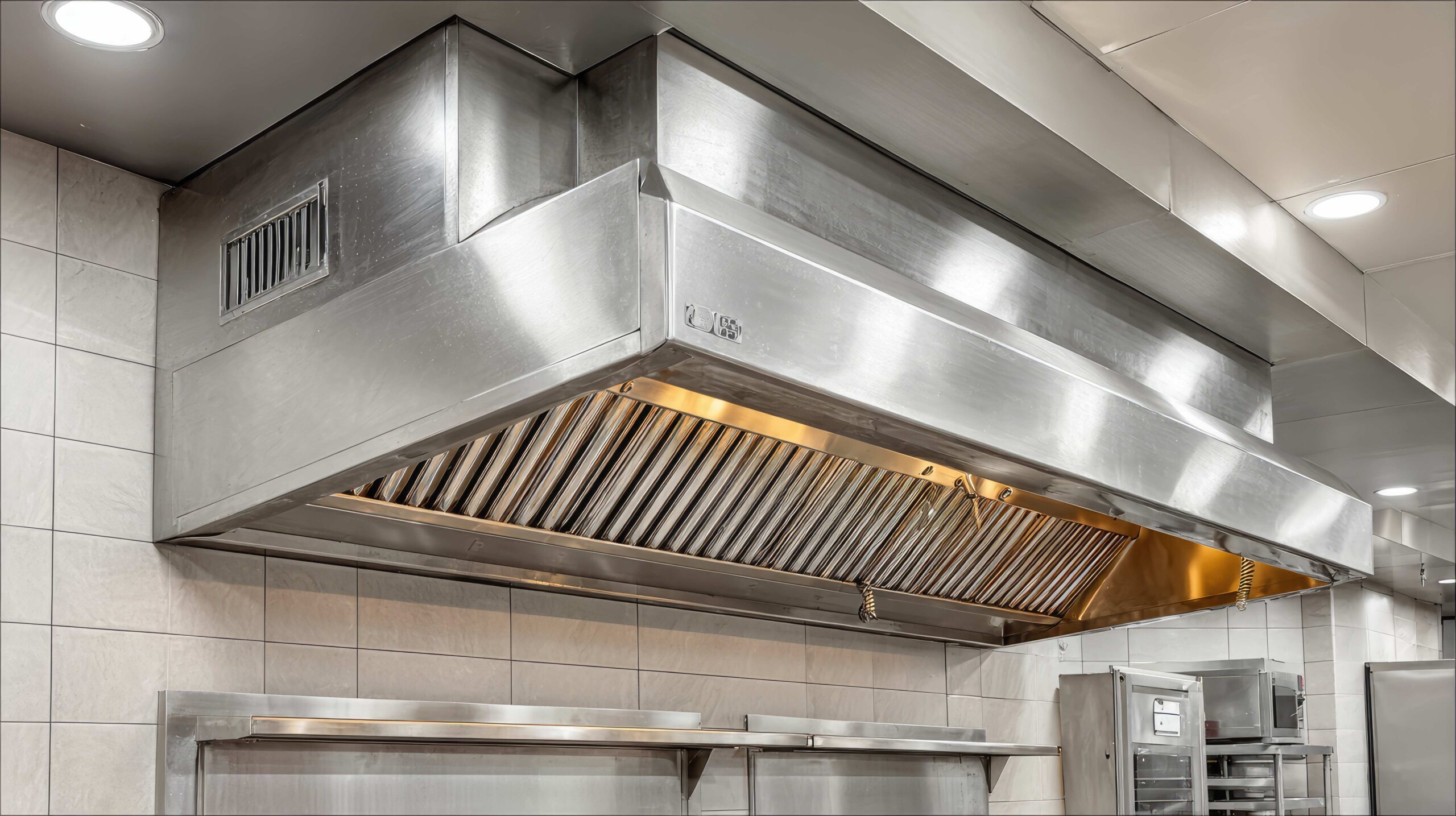Modern Commercial Kitchen Ventilation System with Stainless Steel Canopy and Efficient Airflow Design for Culinary Spaces